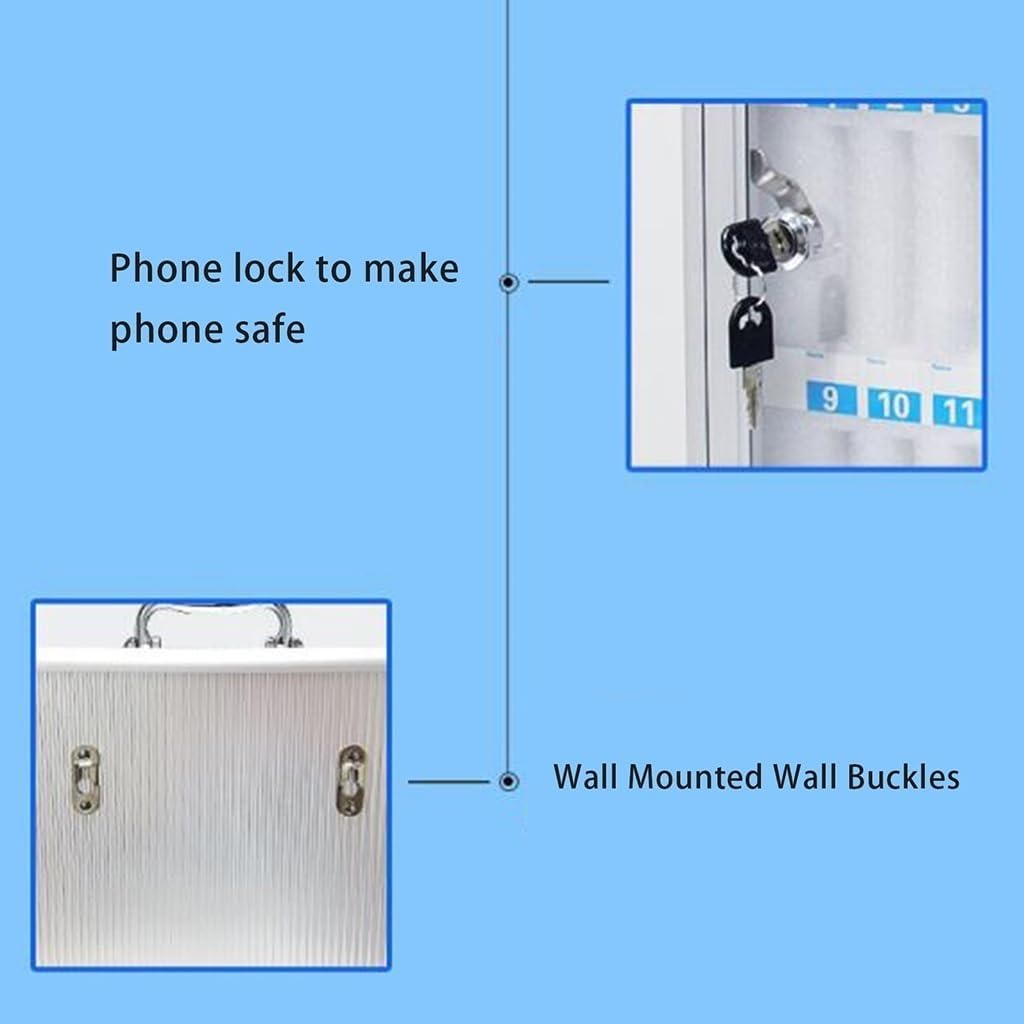 Portable Cell Phone Storage Box with 36 Slots - Wall Mounted Mobile Phone Locker for Classroom, Office, Gym - Sleek Silver Design, Secure & Organized Solution