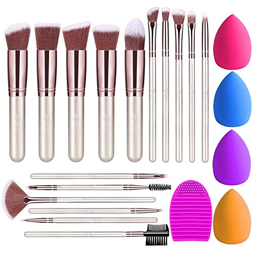 BESTOPE Makeup Brushes 16PCs Makeup Brushes Set with 4PCs Makeup Sponge and 1 Brush Cleaner Premium Synthetic Foundation Brushes Blending Face Powder Eye Shadows Make Up Brushes Tool (Champagne Gold)