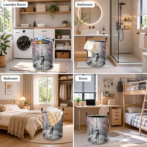 Image of Laundry Hamper, Eiffel Tower Collapsible Paris Street Laundry Baskets Waterproof Oxford Cloth With Handles, Clothes Storage Bucket For Room /Bathroom /Bedroom /Dormitories 16 inch x 20.8 inch