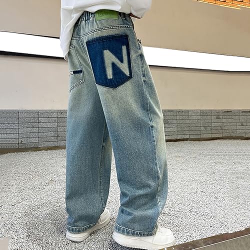 Boys Wide Leg Jeans Baggy Elastic Waist Solid 𝗩intage Straight Leg Denim Pants Fall Streetwear Casual Trousers3