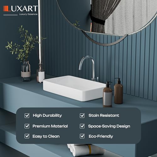 Image of LUXART Tabletop Wash Basin For Bathroom - 24x14x5 Inc Ceramic Glossy White Countertop Washbasin | Vessel Sink For Hotel, Dining Hall, Vanity | Over counter Top Washroom Sink