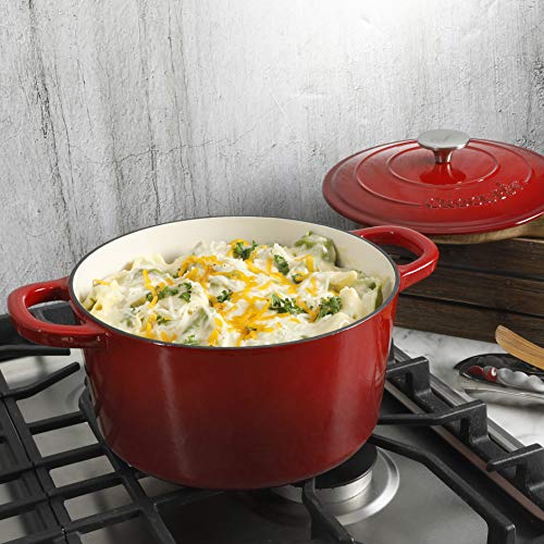 Image of Crock Pot Artisan 5-Quart Round Enameled Cast Iron Dutch Oven - Red, Durable Heavy-Duty Cookware for Slow Cooking, Roasting, Baking with Lid (Pack of 2)