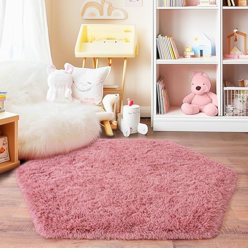 4x4.6 Feet Blush Hexagon Rugs for Princess Tent, Ultra Soft Fluffy Hexagon Area Rug for Bedroom, Cute Shag Rugs for Girls Room, Fuzzy Plush Carpet for Kids Room Tent Castle Home Decor