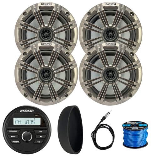 KICKER 46KMC2 Marine Bluetooth All-Weather AM/FM USB/AUX Gauge Style Media Center Receiver W/Black Cover, 4X 6.5 195W Max Power Coaxial Speakers W/Silver Grilles, Radio Antenna, Speaker Wire