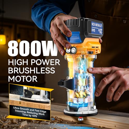 Cordless Compact Router Compatible with Dewalt 20V Battery, With 1 x 5.0Ah Rechargeable Battery, 6 Pcs Router Bits for Woodworking, Router With Trim Bits, Edge & Roller Guide