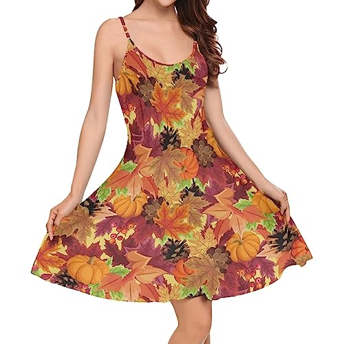 Image of Pumpkin Maple Leaf Dress Womens Happy Fall Autumn Thanksgiving Spaghetti Strap Dress Midi Flowy Backless Sun Dress for Holiday Party A Line Ruched Sundress with Adjsutable Shoulder Strap