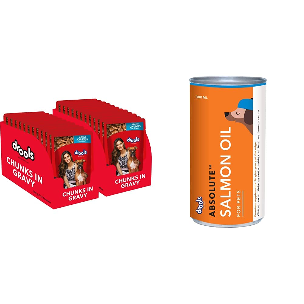 Drools Adult Wet Dog Food, Real Chicken and Chicken Liver Chunks in Gravy, 24 Pouches (24 x 150g) & Absolute Salmon Oil Syrup- Dog Supplement, 300ml (B09HN3PSH5) Amazon Price History, Amazon Price Tracker
