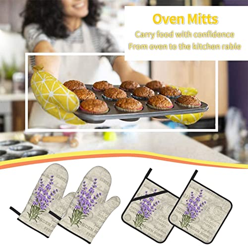 Lavender Flowers Elegant Postcard Vintage Oven Mitts And Pot Holders Sets Of 4 High Heat Resistant Oven Mitts With Oven Gloves And Hot Pads Potholders For Kitchen Cooking Bbq Non-Slip Cooking Mitts #TOP6