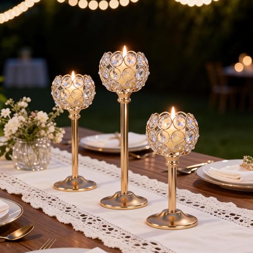 Oakernel Gold Crystal Candle Holders Candlestick Holders - 2 Sets Tall Bling Bowl Candelabra Centerpieces for Dining Table, Wedding, Party & Fireplace Mantel Decor,6Pcs by Oakernel - Image 3