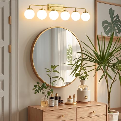 Image of Bathroom Light Fixtures 45.3in 6-Light Brushed Gold Vanity Light for Mirror | Bathroom Lighting Fixtures over Mirror, ETL, Brushed Brass Wall Sconce, Dimmable E12 Base Max 60W, Milky Glass Ball Shades