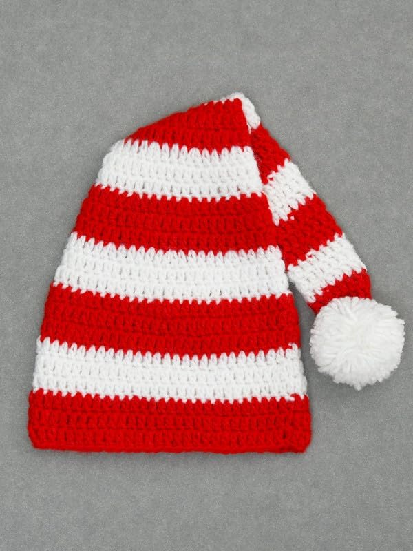 Image of Handmade Knitted Self Design Woolen Beanie Cap for Kids - White & Red 6-12 M | Winter Cap for Baby | FUNCAP56-6-12 M