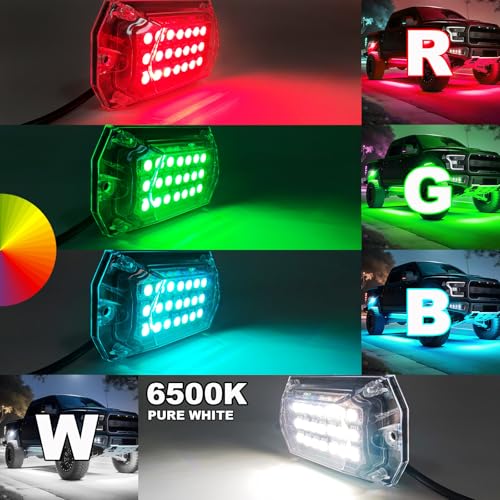 6 Pods Full Angle RGBW LED Rock Lights for UTV ATV Golf Cart RZR SXS Truck Pickup, 12V Waterproof Multicolor Underglow Lights with APP/RF Remote Control Sync Music Mode Neon Underbody Kit