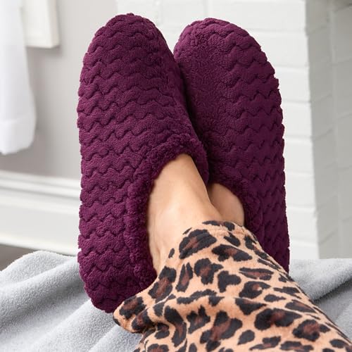 Fruit of the Loom Women's Memory Foam Slippers - Fuzzy Chevron House Shoes, Indoor/Outdoor Pantuflas, Grape, 7-8 - image 2