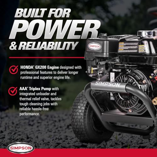 Image of SIMPSON Cleaning PS3228 PowerShot 3300 PSI Gas Pressure Washer, 2.5 GPM, Honda GX200 Engine, Includes Spray Gun and Extension Wand, 5 QC Nozzle Tips, 5 /16-inch x 25-foot MorFlex Hose, 49-State
