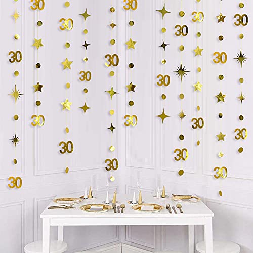 Image of Gold 30th Birthday Decorations Number 30 Circle Dot Twinkle Star Garland Metallic Hanging Streamer Bunting Banner Backdrop for Her Happy Dirty 30 Year Old Birthday Thirty Anniversary Party Supplies