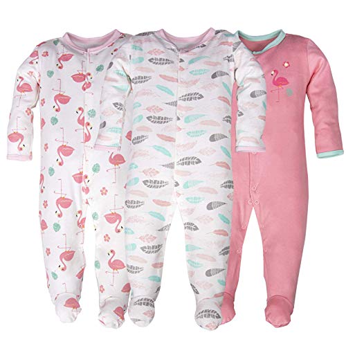 hibshaby 9 Month Onesies Girl Front Snap, 3-Pack Organic Cotton Feather Pajamas Infant Long Sleeve Sleep and Play Jumpsuit (6-9 Months)