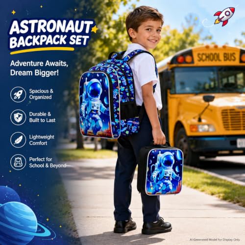 Image of AGSDON 3PCS Astronaut Backpack for Boys, 16 inch Little Kids Preschool Bookbag, Elementary Backpacks and Lunch Box - Blue