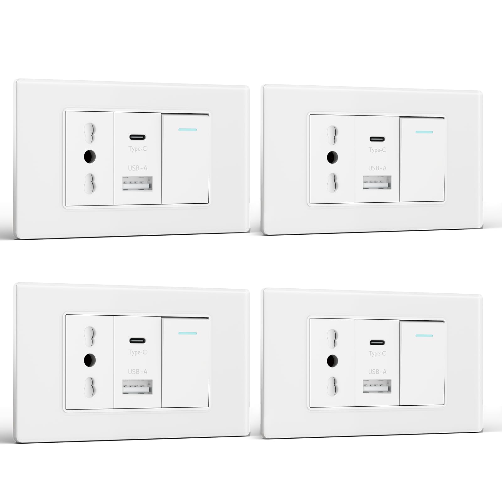 BSEED Prise avec USB A et USB C, prises électriques murales 118mm, prises italienne pour bureau à domicile, Prise+10.5W+1 Gang 1 Voie-4 pièces, Blanc