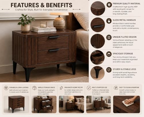 Image of Solid Sheesham Wood Bedside Table for Bedroom & Livingroom | Nightstand End Table with 2 Drawers Storage for Home | Modern & Luxury Design| (Walnut Finish)