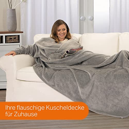 Kuscheldecke mit Ärmeln - Bestickt mit Namen oder Wunschtext - 150 x 180 cm - extra Flauschige Ärmeldecke - gemütliche Wohndecke - personalisiertes Geschenk für Männer und Frauen Farbe: schwarz