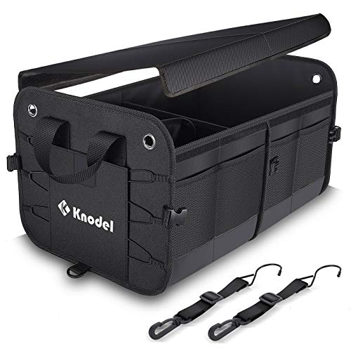 Knodel Car Trunk Organizer, Foldable Cover, Heavy Duty Collapsible Car Trunk Storage Organizer, Car Cargo Trunk Organizer with Lid, 2 Compartments, with Straps (Black)