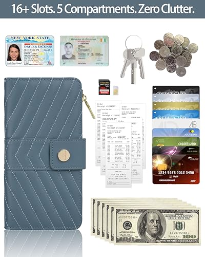 Image of Blue Women's Trifold Wallet,Large Capacity RFID Long Wallet | 16 Card Slots,2 ID Windows,4 Bill Compartments,Vegan Leather,Double Zipper Pockets,Large Capacity Organizer