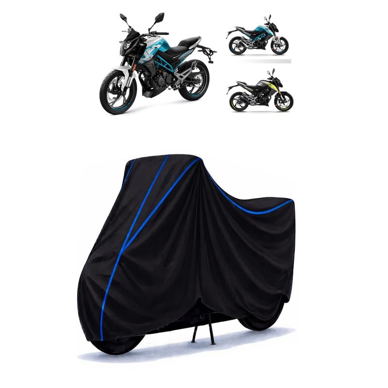 Image of CFMoto 150 NK Bike Cover Water Resistant Universal Motorcycle Rain | Heavy Duty UV Protection, Dust, Scratch Indoor Outdoor All Weather with Black Blue Piping Elastic