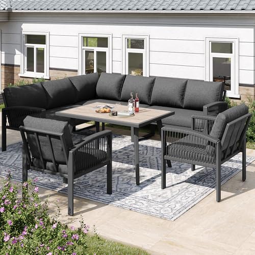 Merax Ensemble de meubles de jardin pour 8 personnes, avec table et coussins, canapé d'angle d'extérieur en fer galvanisé, corde tressée à la main, groupe...