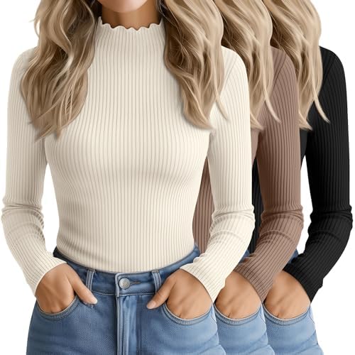 3 Pack Women's Cotton Long Sleeve Mock Turtleneck Tops Ribbed Let...