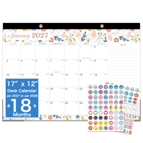 2027-2028 Desk Calendar, Calendar 2027-2028, 18 Month Calendar January 2027 - June 2028, Large 17" x 12" Monthly Desktop & Wall Calendar for Home & Office - Floral