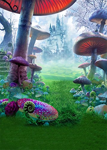 1,5x2,2m Vinyl Foto Hintergrund Märchen Schloss im Pilzwald Märchenwelt Fotografie Hintergrund für Photo Booth Baby Party Banner Kinder