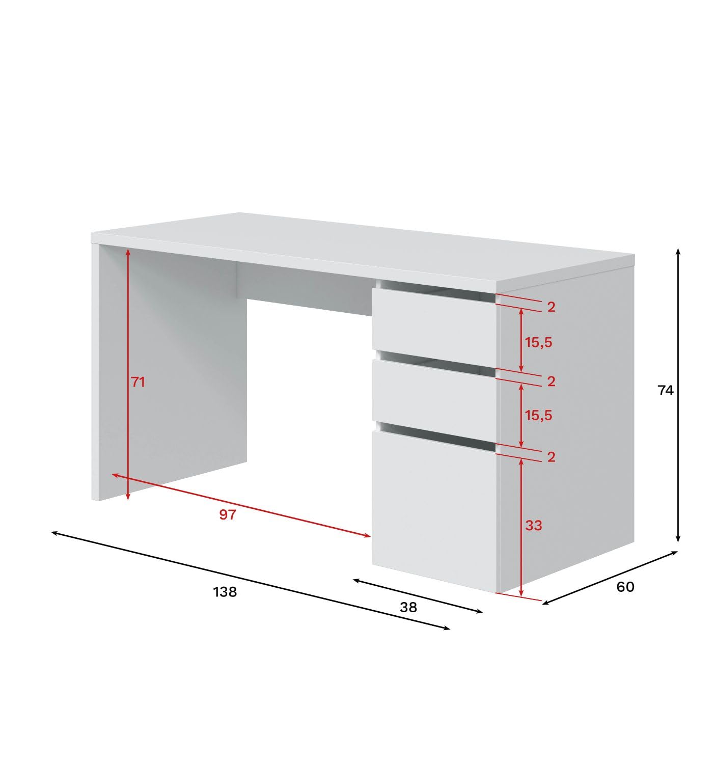 Arredo Stock Scrivania con 2 cassetti e 1 anta colore bianco, 74x138x60 cm