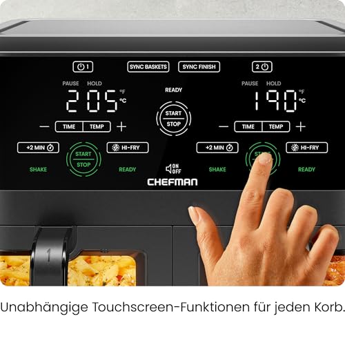 CHEFMAN 5,6 Liter Doppelkorb- Heißluftfritteuse mit Easy-View-Fenster, Sync-Finish, Hi-Fry, automatische Abschaltung, spülmaschinenfest, 2100W, digital - Schwarz – Bild 6
