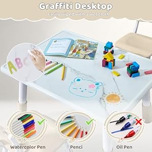 Toddler table and 2 chairs set height adjustable kids table and chair set 315l x 236w marble pattern graffiti desktop children multi activity table for homedaycareclassroom  urban country home decor