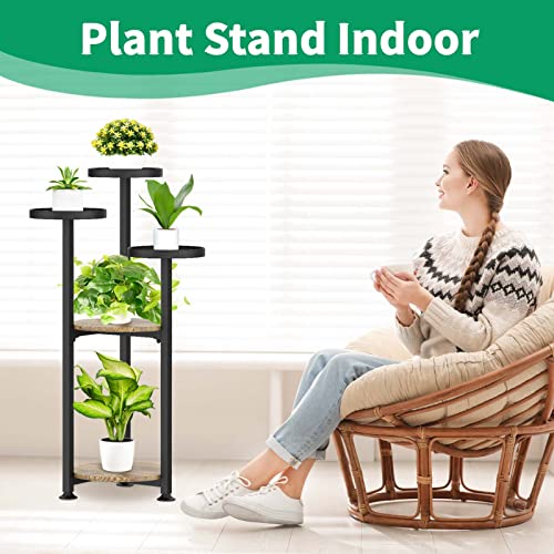 QWORK Support Plantes 5 Niveaux Métal Noir - Étagère Fleurs Intérieur Extérieur, Robuste Et Élégante