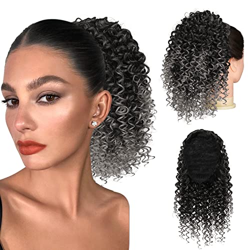 PEACOCO Drawstring Ponytails Ponytail Extension for Black Women, 10 Inch Curly Drawstring Ponytail Synthetic Hairpieces Short Afro Puff Ponytail Extensions with 2 Clips (1BT0906)