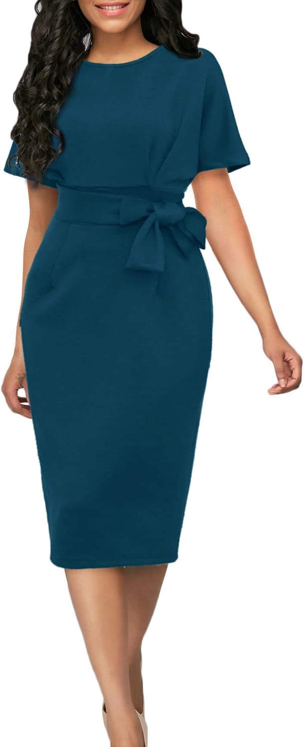 YACUN Women Batwing Sleeve Bodycon Work Dresses High Waist Business Casual Office Pencil Dress with Belt