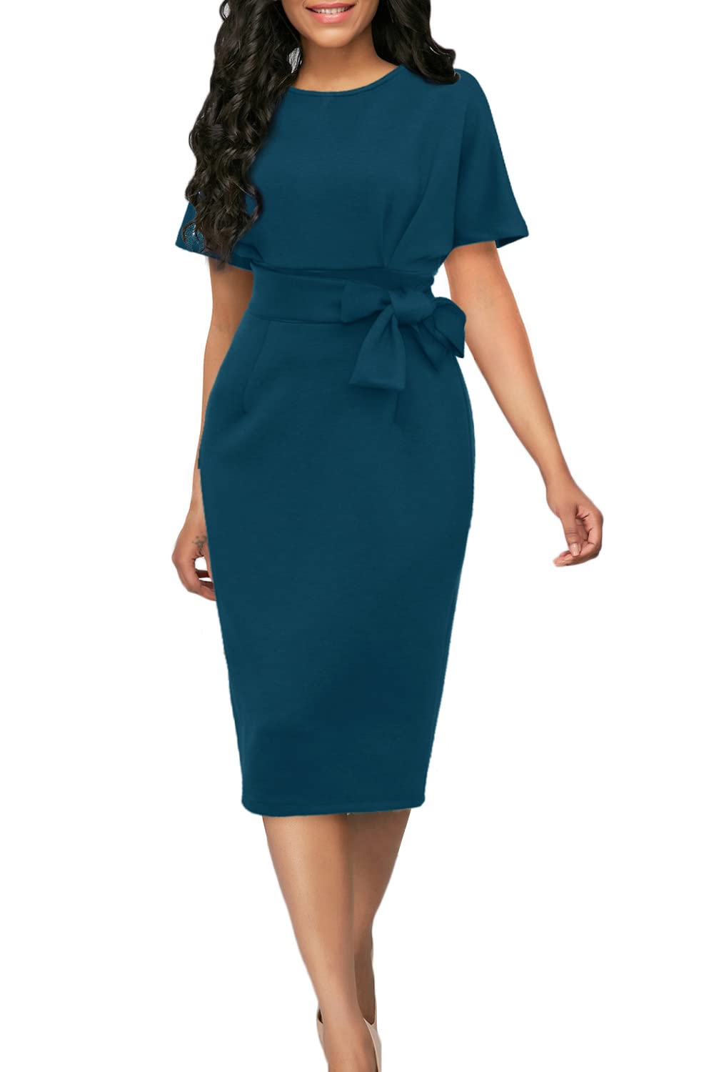 YACUN Women Batwing Sleeve Bodycon Work Dresses High Waist Business Casual Office Pencil Dress with Belt