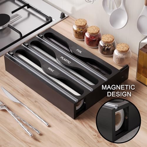 Danfoxer Wrap Dispenser with Cutter and Labels, Plastic Wrap Organizer For Kitchen,Bamboo 3-in-1 Wrap Dispensers for Cling Wrap Aluminum Foil and Wax,Storage Organization Holder（Black） - Thumbnail 3