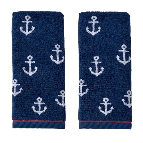 SKL Home Anchor Hand Towel 2pc Set for Bath/Kitchen/Bar & Gift, Navy