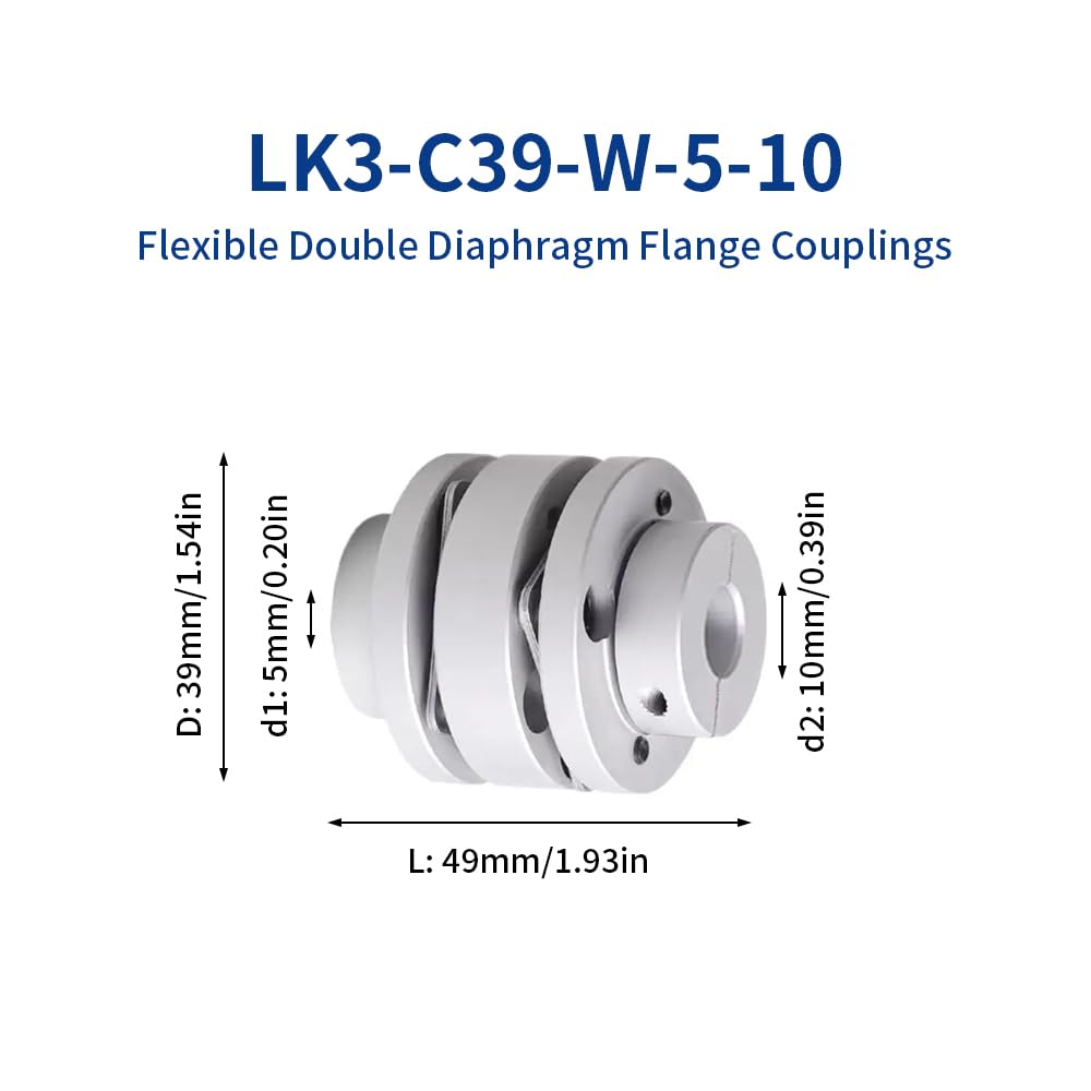 Acoplamiento De Diafragma De Brida Flexible De 5 mm a 10 mm, Acoplador De Eje De Motor De 2 Diafragmas De Aluminio D39 L49 Para Impresora 3D, Máquina CNC, Servomotor