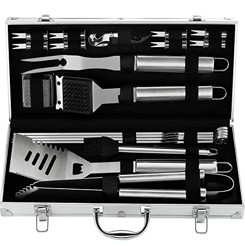 grilljoy 20pc Herramientas de Barbecue, Accesorios Barbecue de Acero Inoxidable en Caja de Almacenamiento de Aluminio, Utensilios Completos para Barbacoa