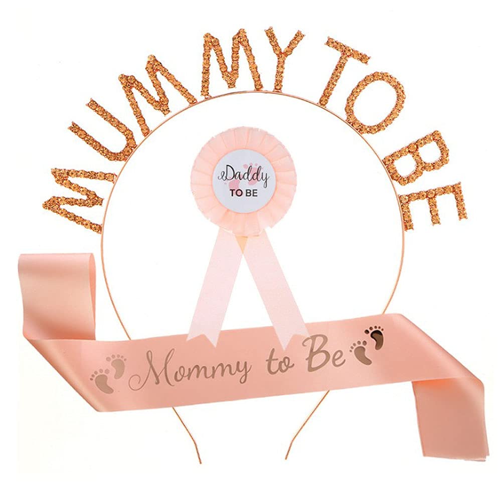 Camelliass Mummy To Be Sash and Tiara, Daddy to Be Badge, Rhinestone Mummy To Be Crown Headband Satin Sash for Baby Shower Party Decoration Gifts (Champagne)