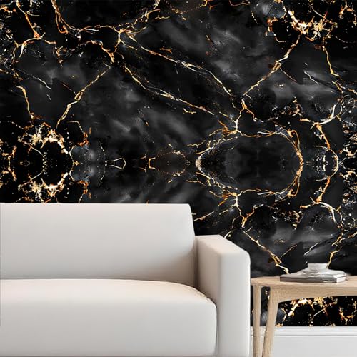 Image of Nuxovilar Black Gold Marble Wallpaper Peel Stick Vinyl 15.75x39.37 | Stone Wrap, Liners, adhesive wallpaper, countertop contact paper, for bedroom, counter, table (Black Gold)