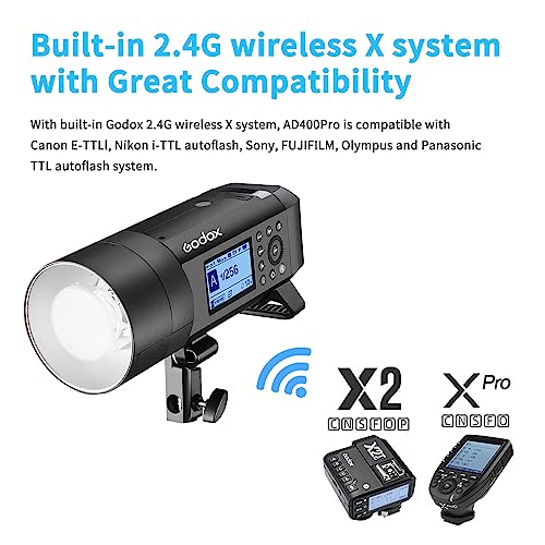 Godox AD400 Pro AD400Pro Outdoor Flash Strobe, Portable 400W 2.4G TTL 1/8000 HSS Monolight, 0.01-1s Recycle, 30W LED Modeling Lamp with Rechargeable Battery and Bowens Mount