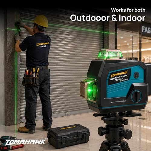 Image of TOMAHAWK SPZ-8116-16 16 Lines Green Laser Level Pro - 4x360 4D Green Cross Self-Levelling Professional Laser Line for Construction with Two 360 Vertical /Horizontal Laser Level Pulse Mode