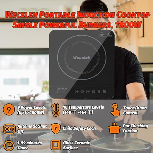 Portable Single Induction Cooktop Hot Plate Countertop Burner Cooker 1 Burner, 1800W, 9 Power Levels, 10 Temp Levels, Timer, Auto-Shut-Off, Touch Panel, LED Display, Child Lock, Black - Image 4