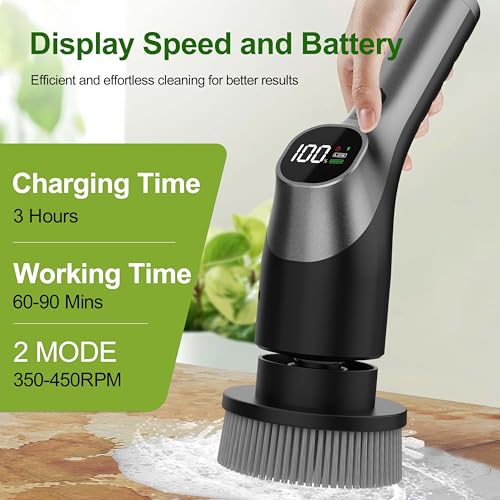 Brosse Nettoyage Electrique, 7 en 1 Brosse Rotative Nettoyage, IPX7 Étanche Nettoyeur de Douche, 2 Vitesses et Manche Réglable pour Salle de Bain, Cuisine, Voiture (Noir) – Image 3
