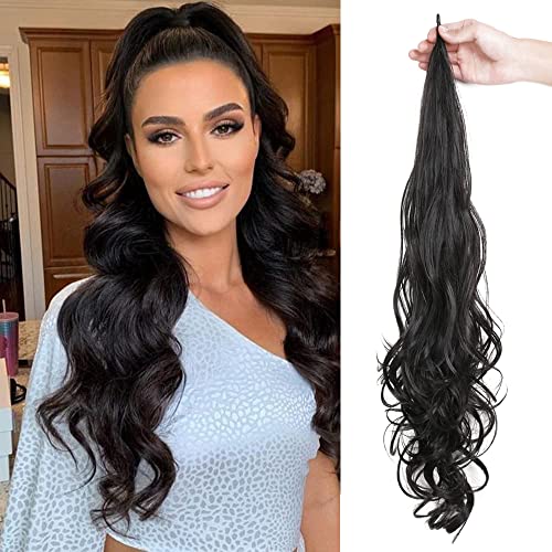 ShowCoco Ponytail Extension 32 Inch Flexible Wrap Around Ponytail Hair Extensions Long Curly Synthetic Ponytail Wavy Pretty Hair Ponytails Hairpieces For Women Daily Use(32Inch,1B)
