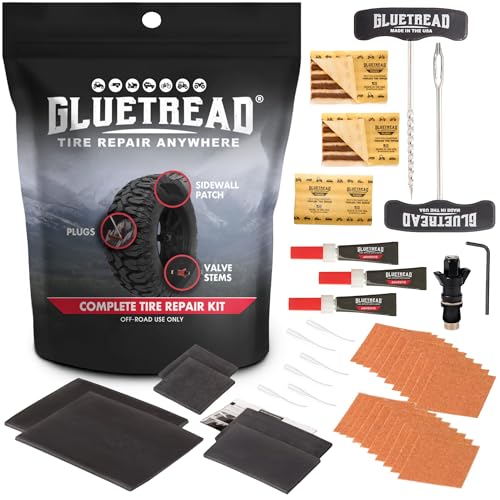 GlueTread Complete Off-Road Tire Repair Kit - Fix Sidewall Damage and Punctures - Includes Heavy Duty Tire Patch Kit, Plugs & Colby Emergency Valve Stem - Enhanced Rubber Formula, Fast Setting